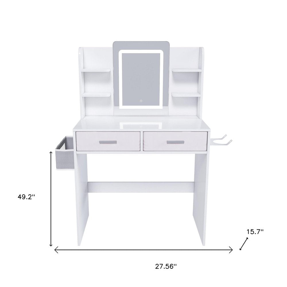 White Wood Mirrored Two Drawer Vanity Table and Lights - 28-inch