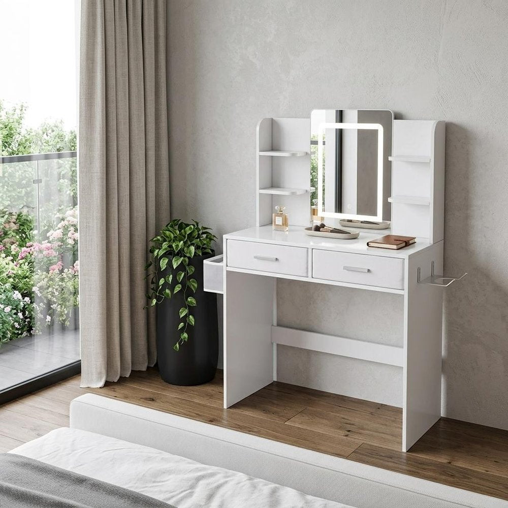 White Wood Mirrored Two Drawer Vanity Table and Lights - 28-inch