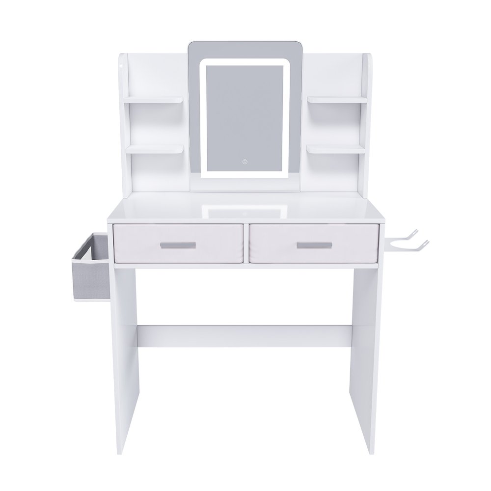 White Wood Mirrored Two Drawer Vanity Table and Lights - 28-inch