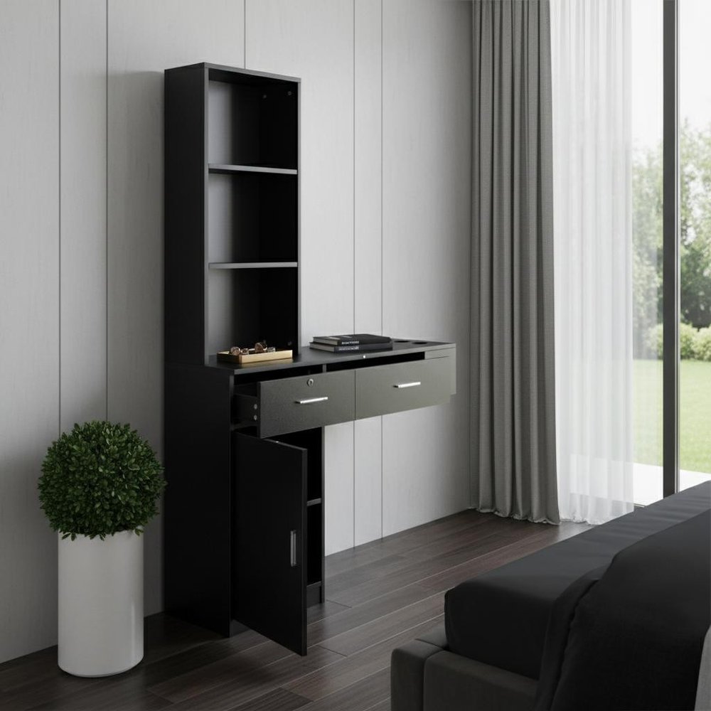 Black Wood Mirrored Two Drawer Vanity Table - 40-inch