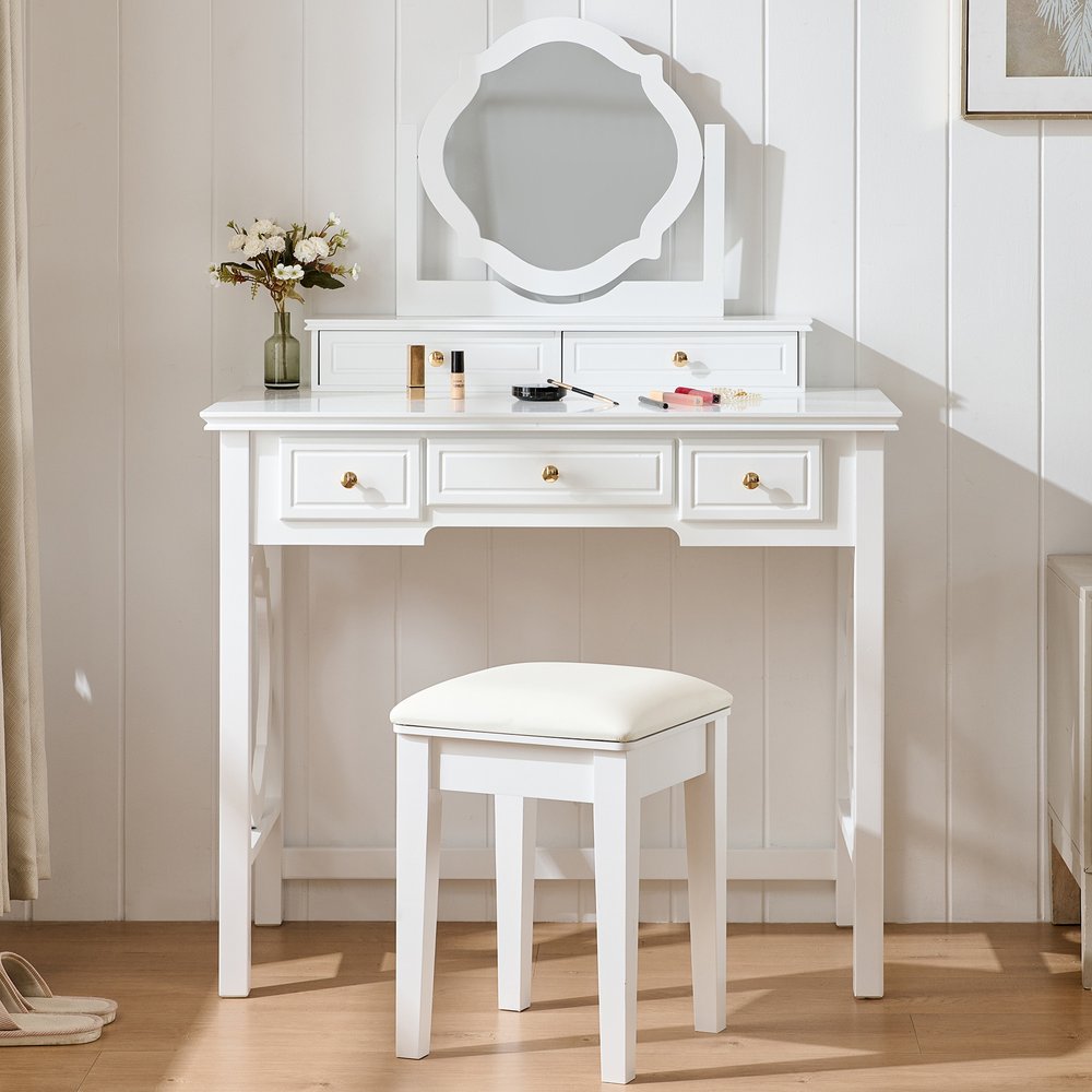 White Wood Mirrored Five Drawer Vanity Table - 36-inch