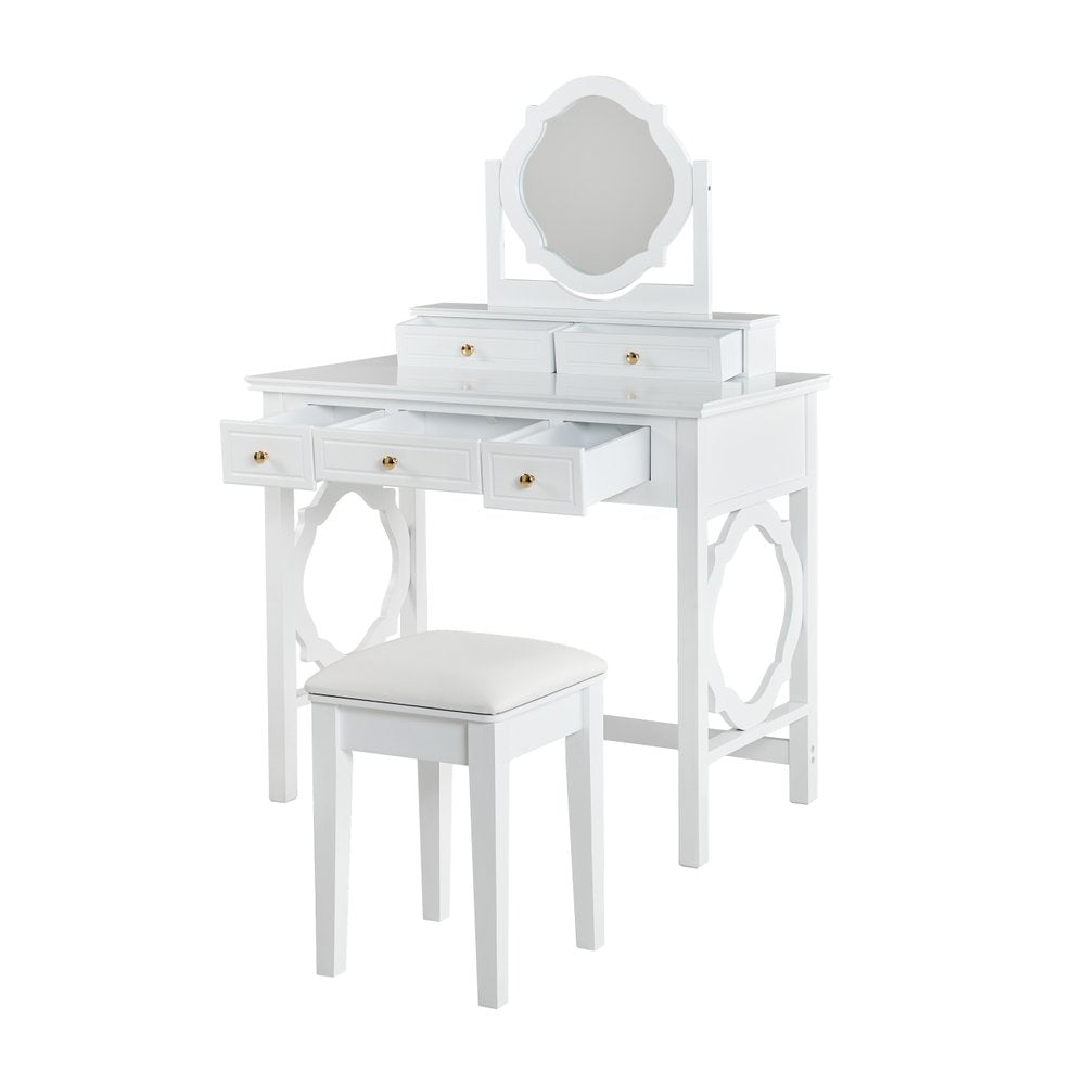 White Wood Mirrored Five Drawer Vanity Table - 36-inch