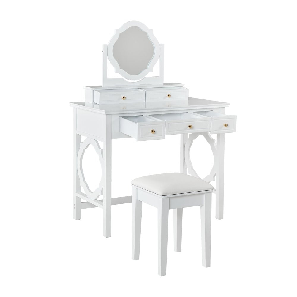 White Wood Mirrored Five Drawer Vanity Table - 36-inch
