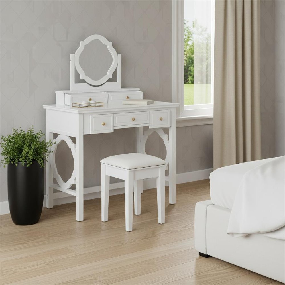 White Wood Mirrored Five Drawer Vanity Table - 36-inch