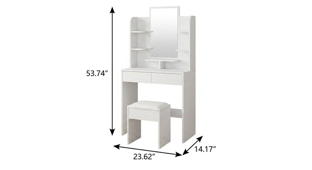 White Wood Mirrored Two Drawer Vanity Table and Lights - 24-inch