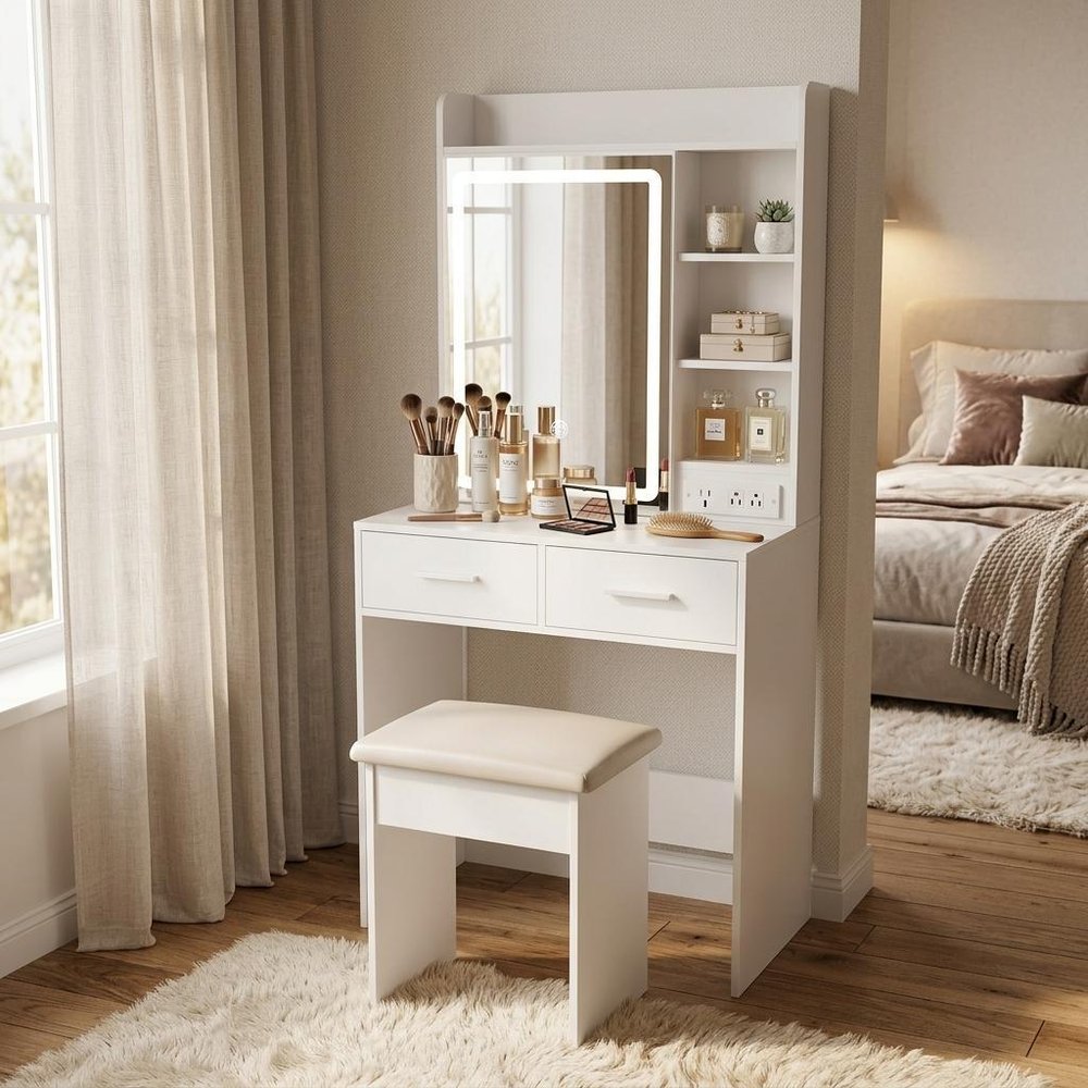 White Wood Mirrored Two Drawer Vanity Table and Lights - 24-inch