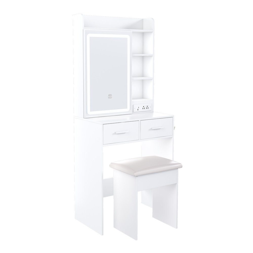 White Wood Mirrored Two Drawer Vanity Table and Lights - 24-inch