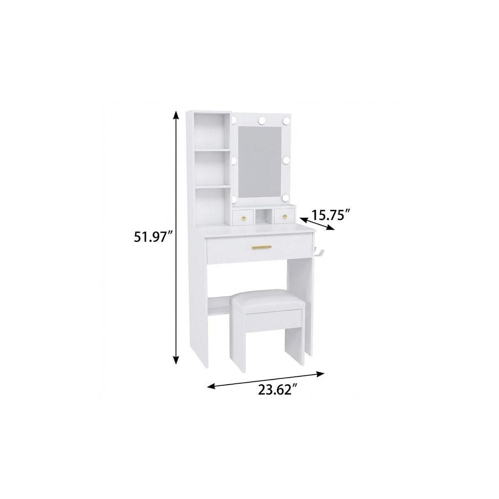 White Wood Mirrored Three Drawer Vanity Table and Lights - 24-inch