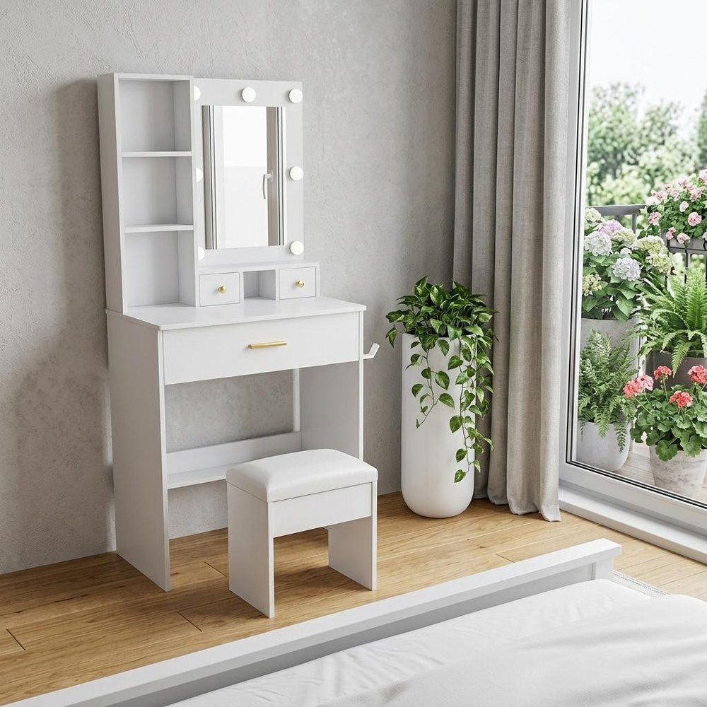 White Wood Mirrored Three Drawer Vanity Table and Lights - 24-inch