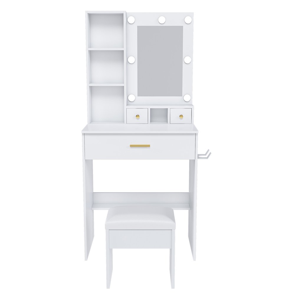 White Wood Mirrored Three Drawer Vanity Table and Lights - 24-inch