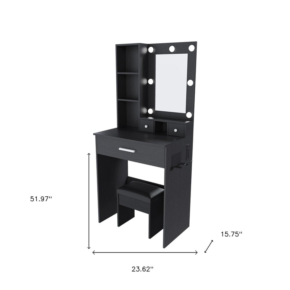 Black Wood Mirrored Three Drawer Vanity Table and Lights - 24-inch