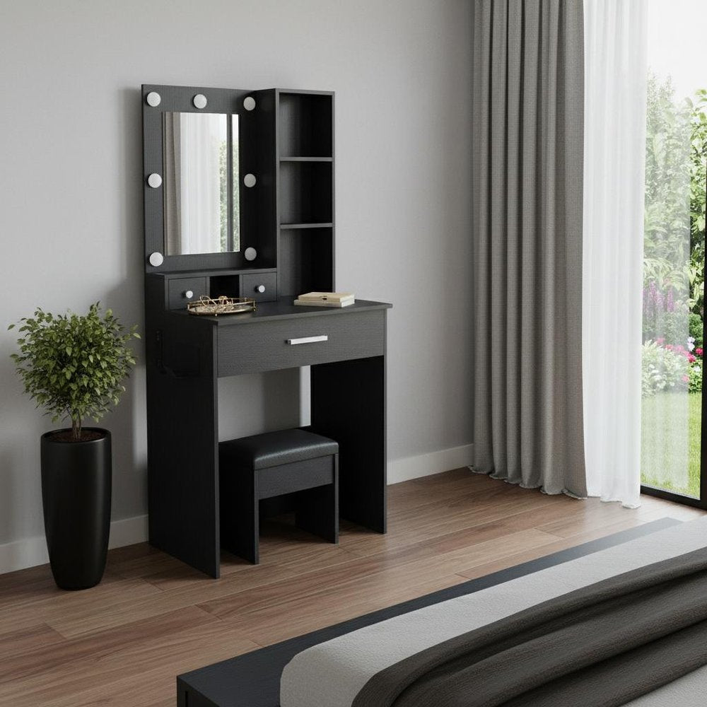 Black Wood Mirrored Three Drawer Vanity Table and Lights - 24-inch