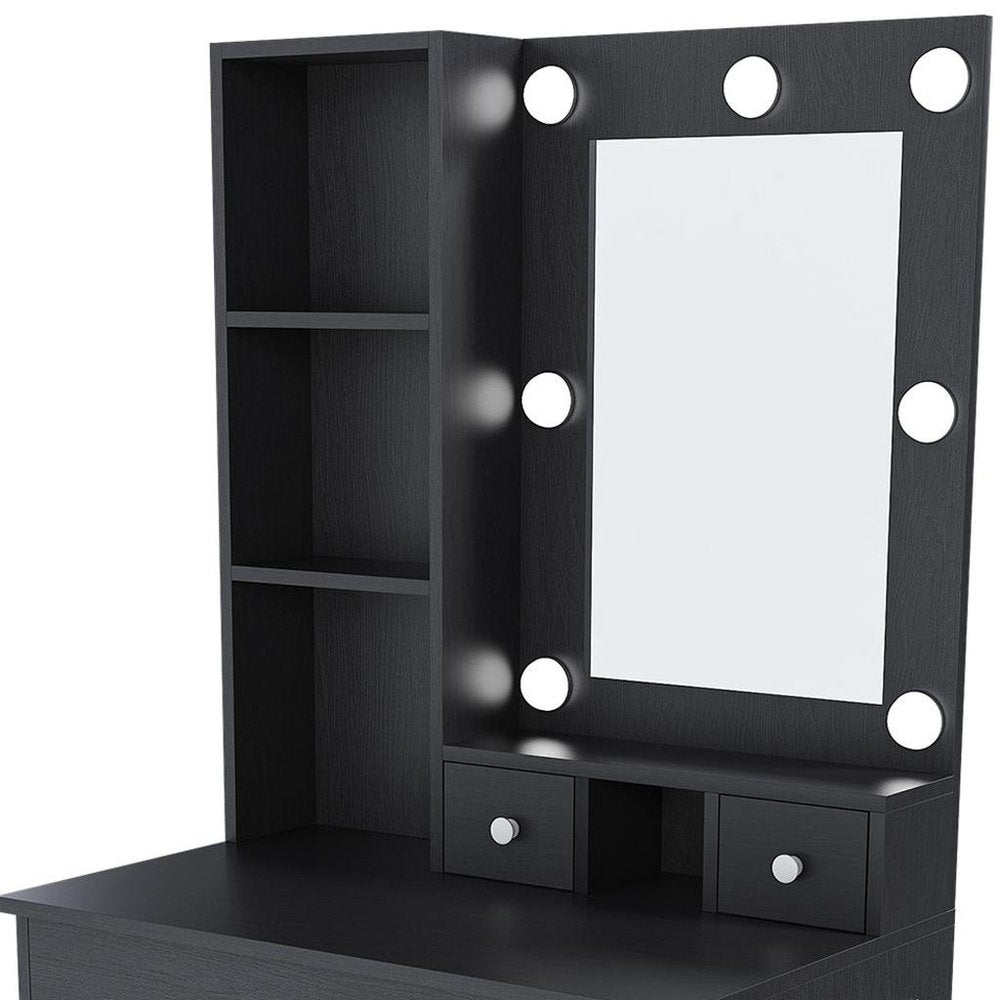 Black Wood Mirrored Three Drawer Vanity Table and Lights - 24-inch