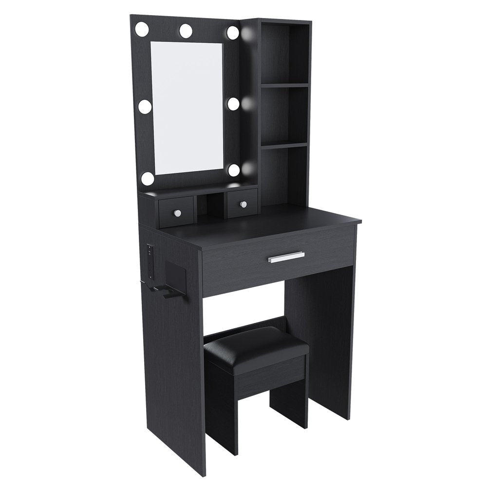 Black Wood Mirrored Three Drawer Vanity Table and Lights - 24-inch
