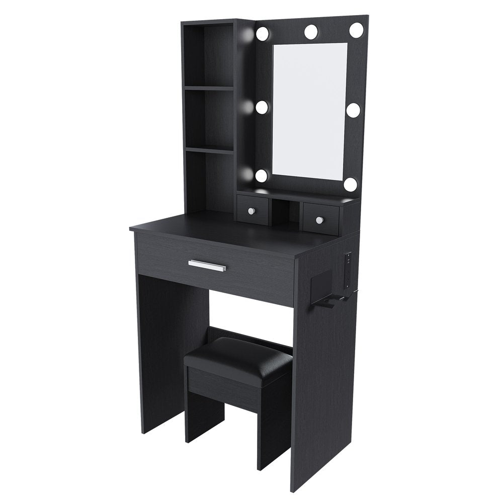 Black Wood Mirrored Three Drawer Vanity Table and Lights - 24-inch