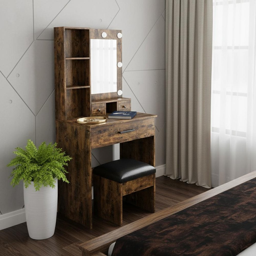 Brown Wood Mirrored Three Drawer Vanity Table and Lights - 24-inch