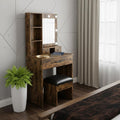 Brown Wood Mirrored Three Drawer Vanity Table and Lights - 24-inch