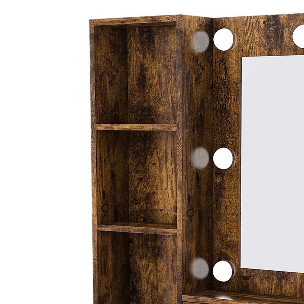 Brown Wood Mirrored Three Drawer Vanity Table and Lights - 24-inch