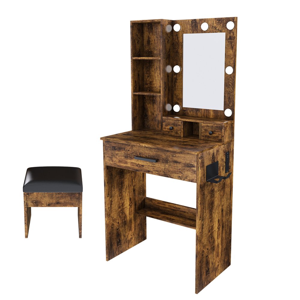 Brown Wood Mirrored Three Drawer Vanity Table and Lights - 24-inch