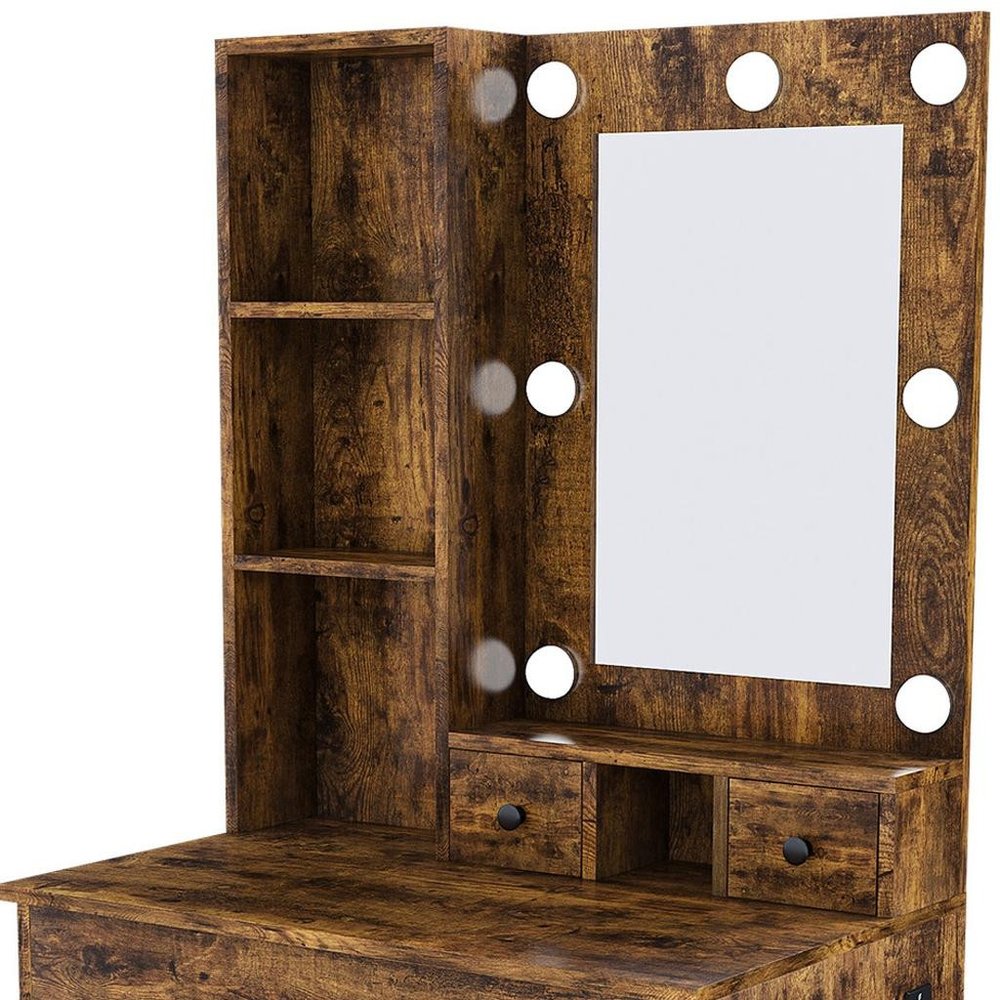 Brown Wood Mirrored Three Drawer Vanity Table and Lights - 24-inch