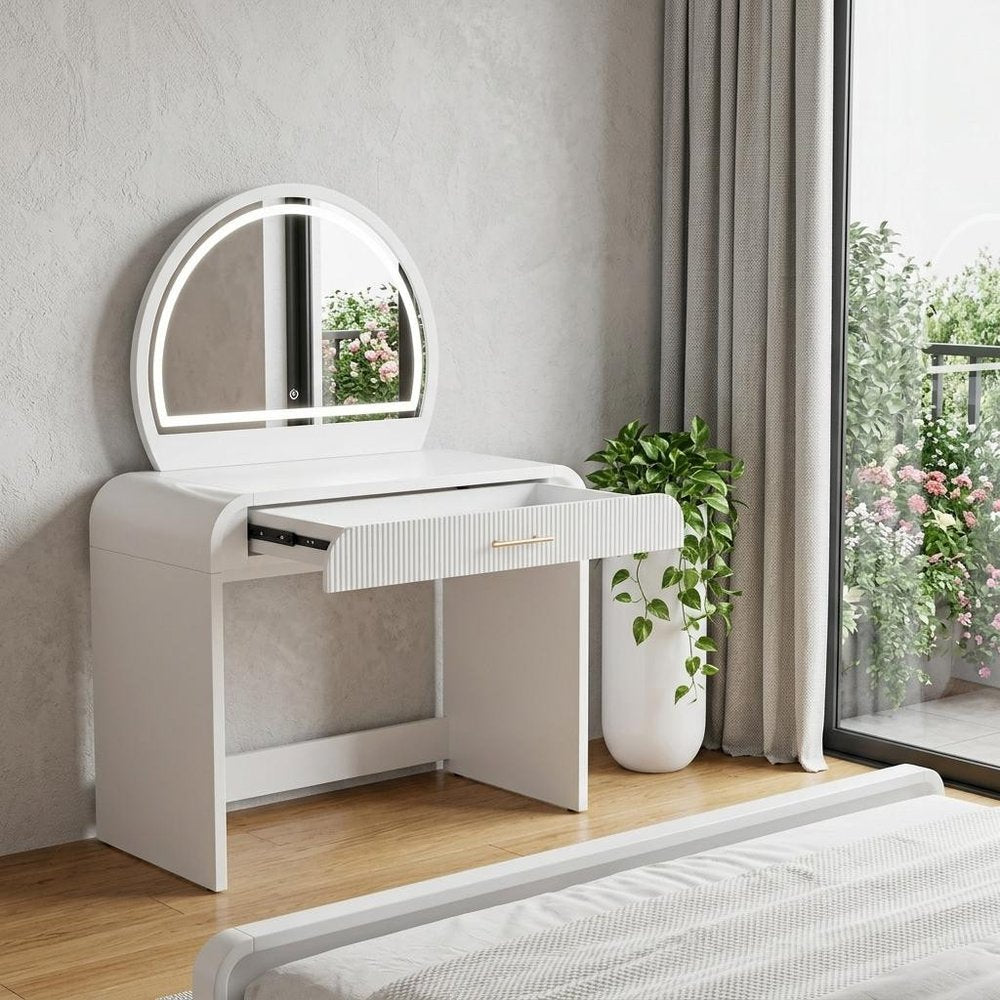 White Wood Mirrored Vanity Table and Lights - 39-inch