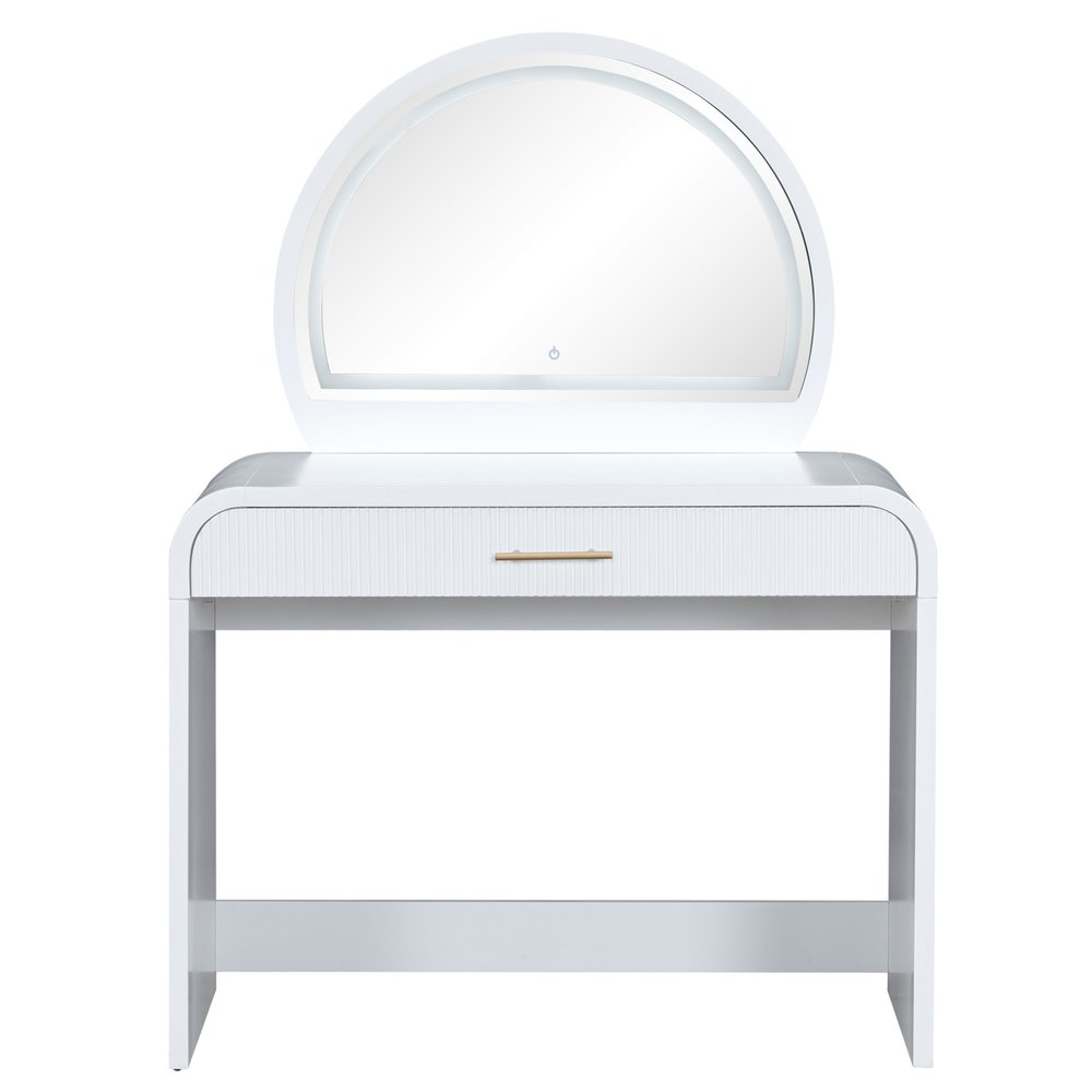 White Wood Mirrored Vanity Table and Lights - 39-inch