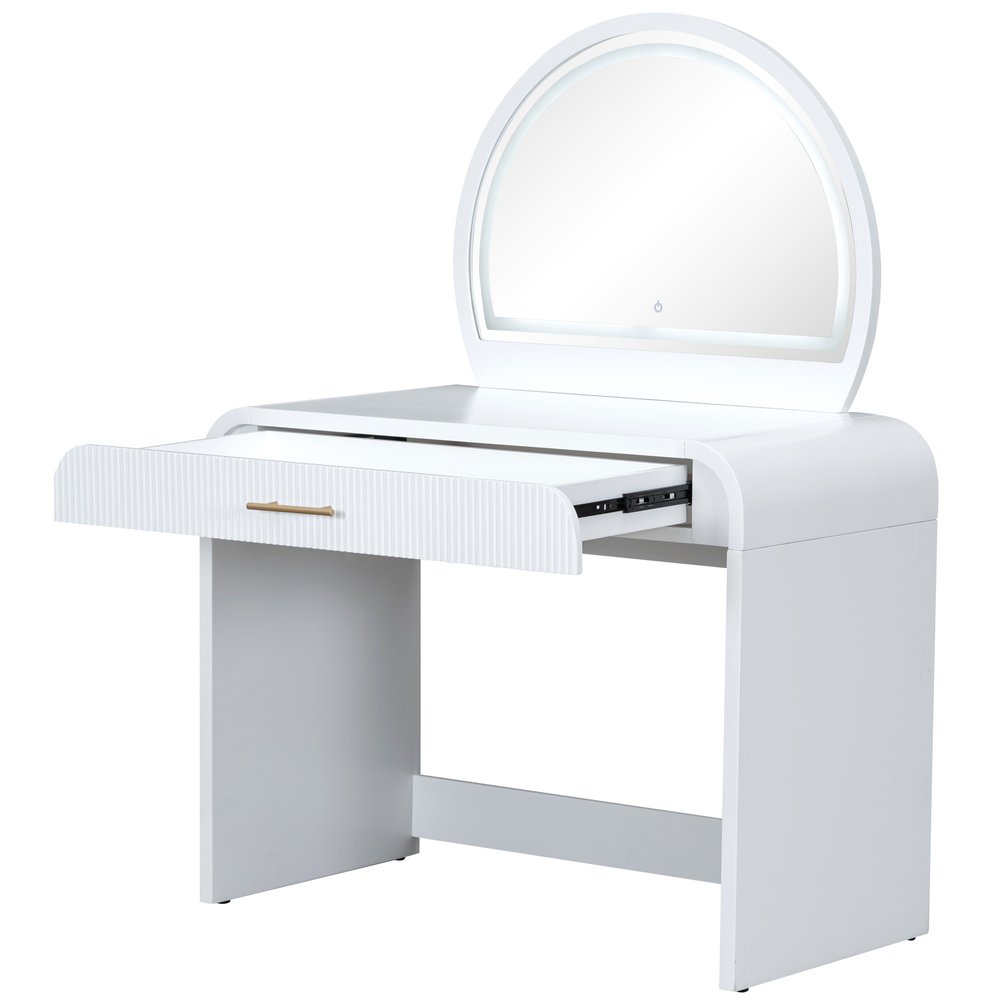 White Wood Mirrored Vanity Table and Lights - 39-inch