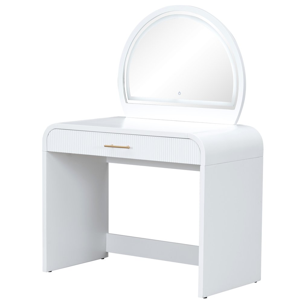 White Wood Mirrored Vanity Table and Lights - 39-inch