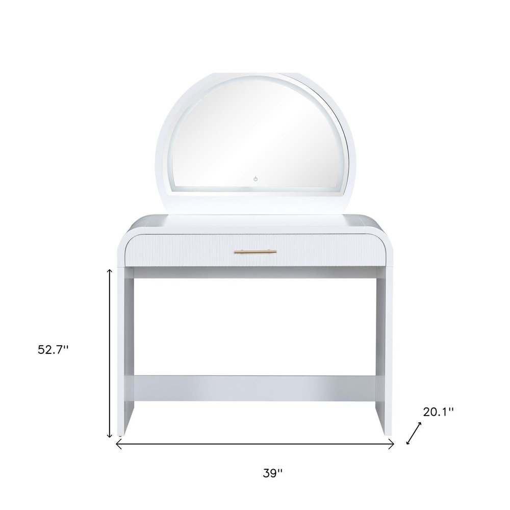White Wood Mirrored Vanity Table and Lights - 39-inch