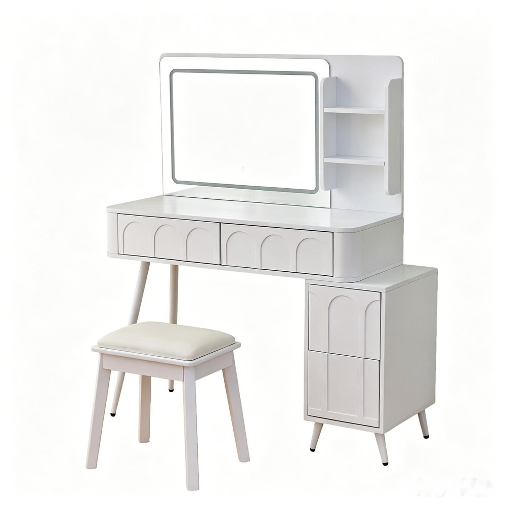 White Wood Mirrored Four Drawer Vanity Table and Lights - 40-inch