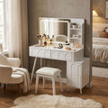 White Wood Mirrored Four Drawer Vanity Table and Lights - 40-inch
