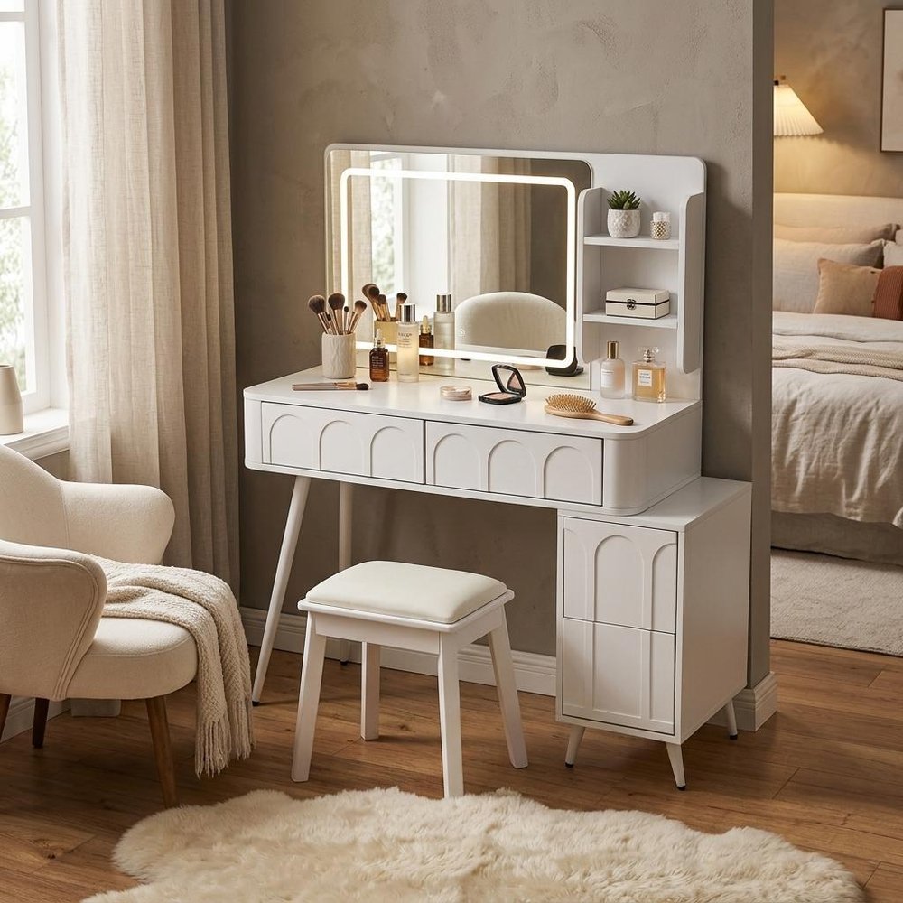 White Wood Mirrored Four Drawer Vanity Table and Lights - 40-inch