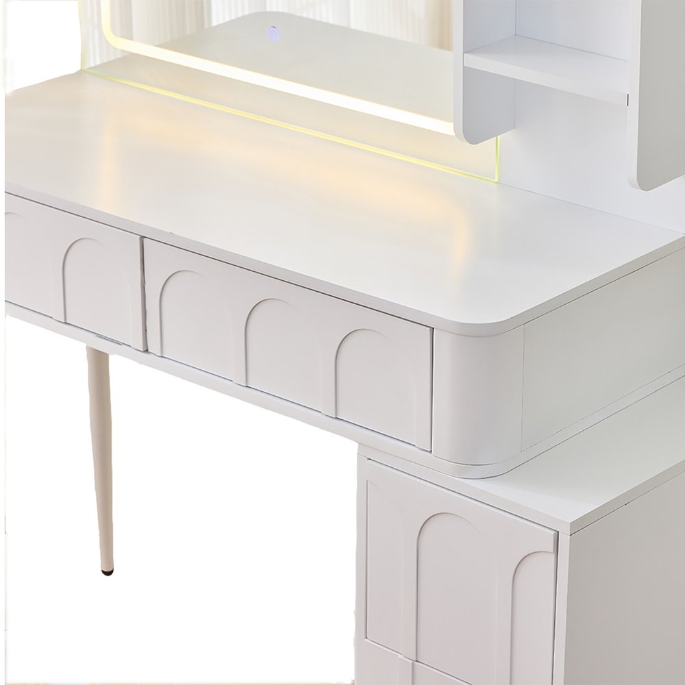 White Wood Mirrored Four Drawer Vanity Table and Lights - 40-inch