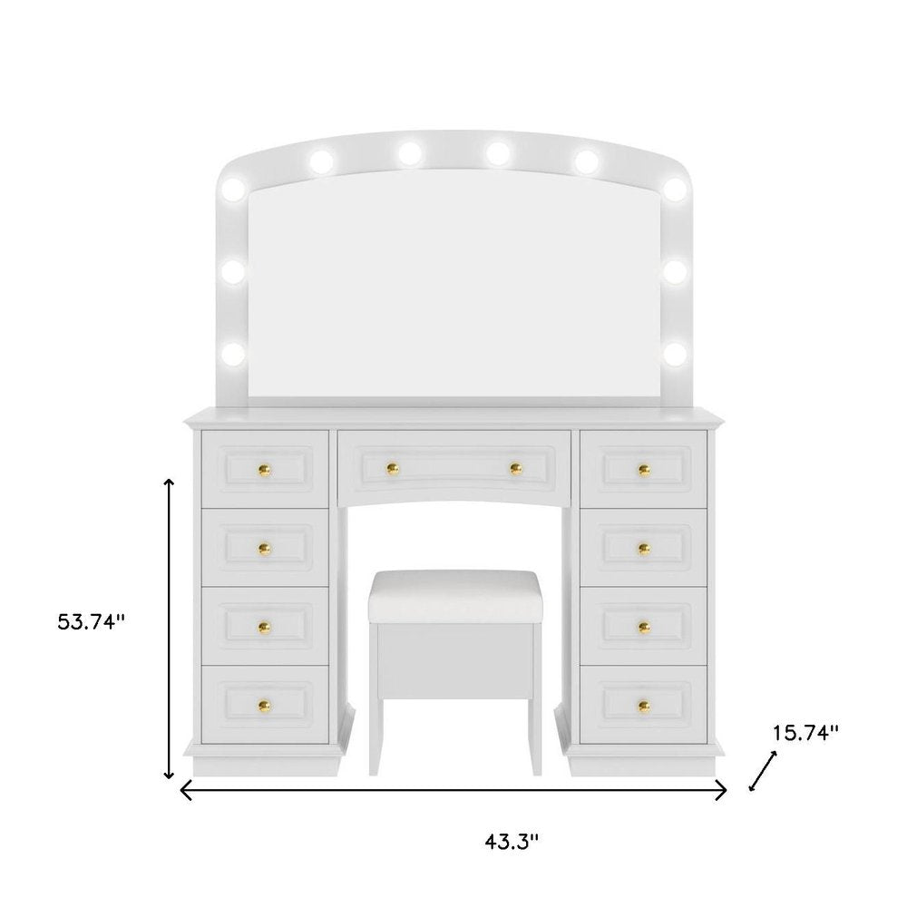White Wood Mirrored Nine Drawer Vanity Table and Lights - 43-inch