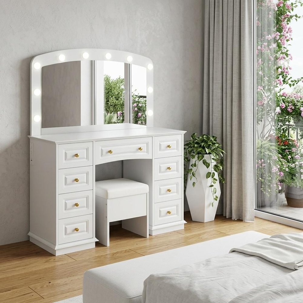 White Wood Mirrored Nine Drawer Vanity Table and Lights - 43-inch