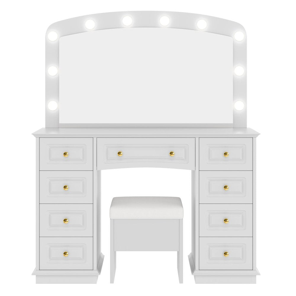 White Wood Mirrored Nine Drawer Vanity Table and Lights - 43-inch