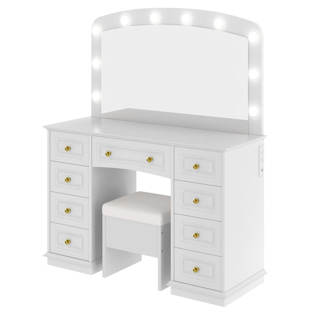 White Wood Mirrored Nine Drawer Vanity Table and Lights - 43-inch