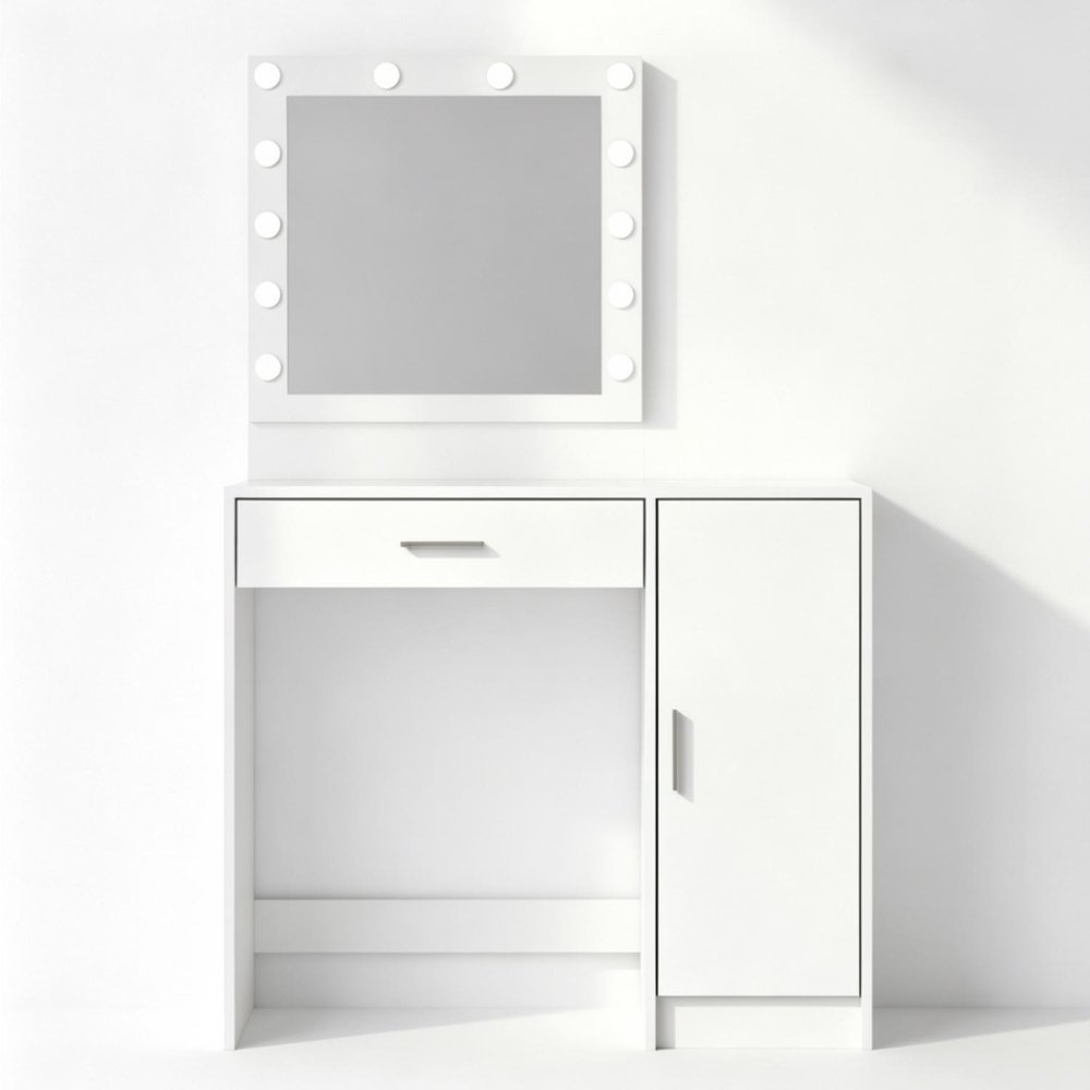 White Wood Mirrored Vanity Table and Lights - 35-inch