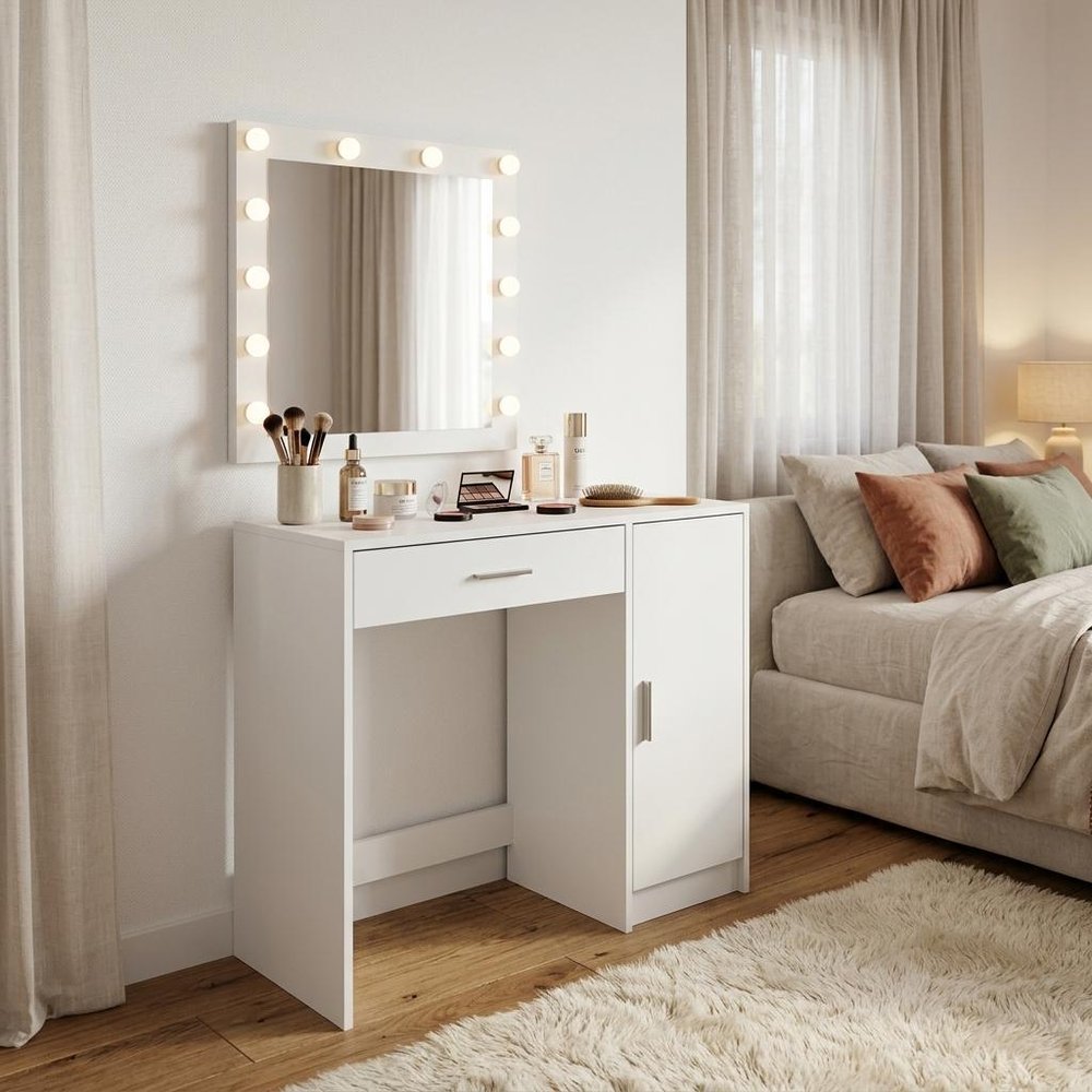 White Wood Mirrored Vanity Table and Lights - 35-inch