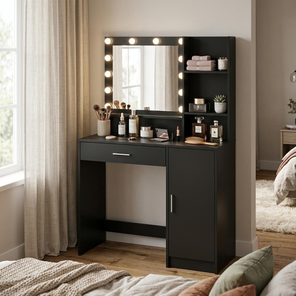 Black Wood Mirrored Vanity Table and Lights - 35-inch