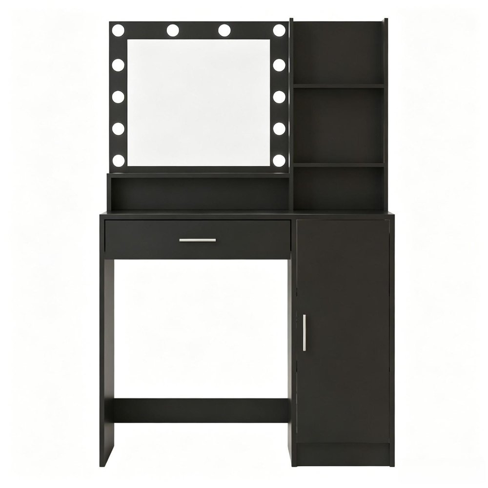 Black Wood Mirrored Vanity Table and Lights - 35-inch