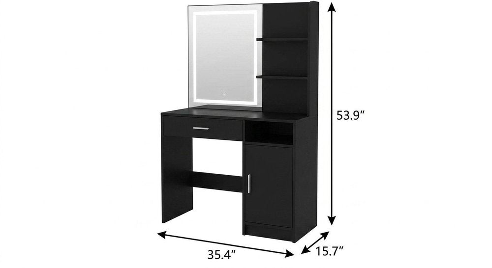 Black Wood Mirrored Vanity Table and Lights - 35-inch