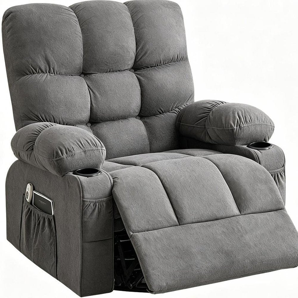 Gray Tufted Chenille Heated Massage Manual Rocker and Swivel Recliner with USB