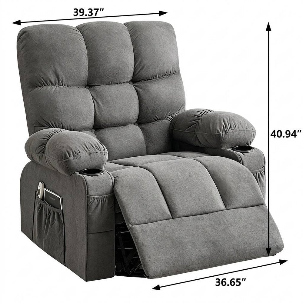 Gray Tufted Chenille Heated Massage Manual Rocker and Swivel Recliner with USB