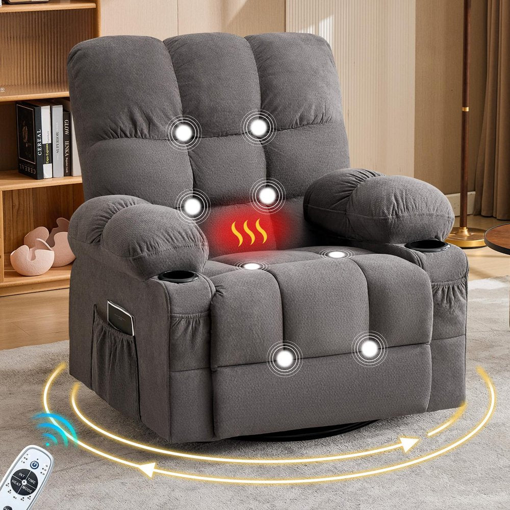Gray Tufted Chenille Heated Massage Manual Rocker and Swivel Recliner with USB