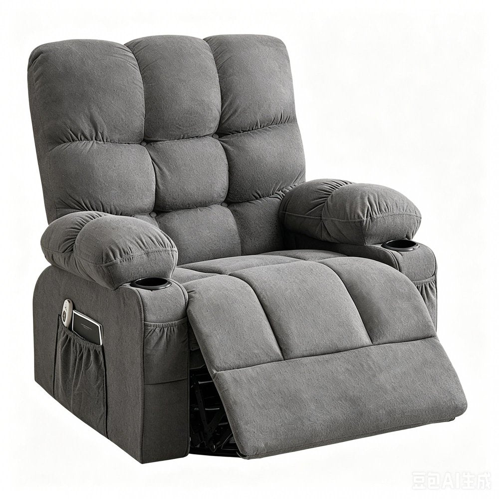 Gray Tufted Chenille Heated Massage Manual Rocker and Swivel Recliner with USB