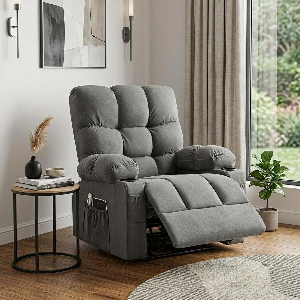 Gray Tufted Chenille Heated Massage Manual Rocker and Swivel Recliner with USB