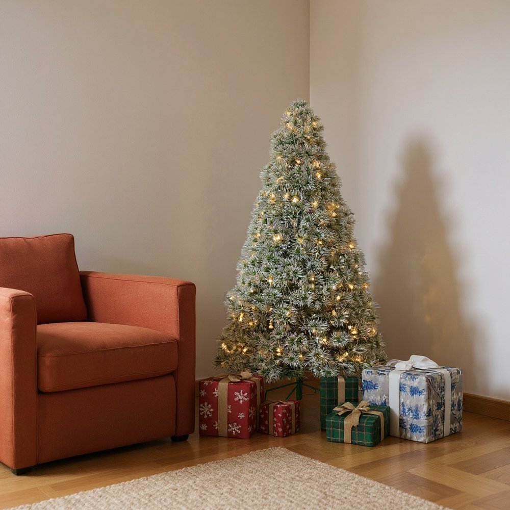 4.5' White Pre Lit Full Flocked Spruce Christmas Tree