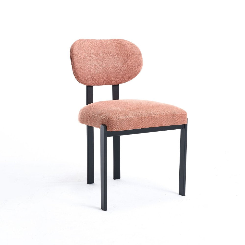 Set of Two Salmon and Black Chenille and Metal Partially Open Back Dining Side Chairs