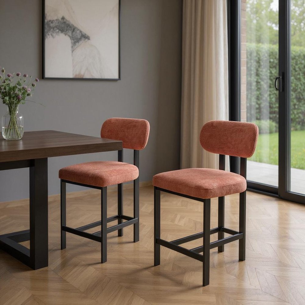 Set of Two 26 Orange and Black Fabric and Metal Counter Height Bar Chairs